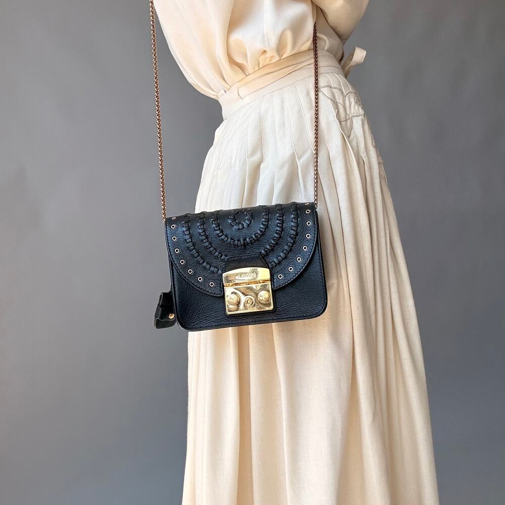 Furla Metropolis Perforated Black Leather Bag - Weave Detail, Gold Hardware